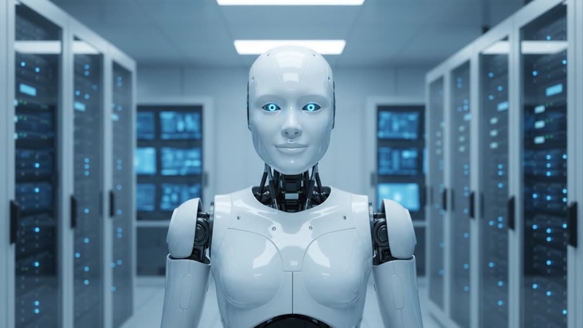 Sunucu dolaplarının sıralandığı koridor; robot kadrajın sağında duruyor.