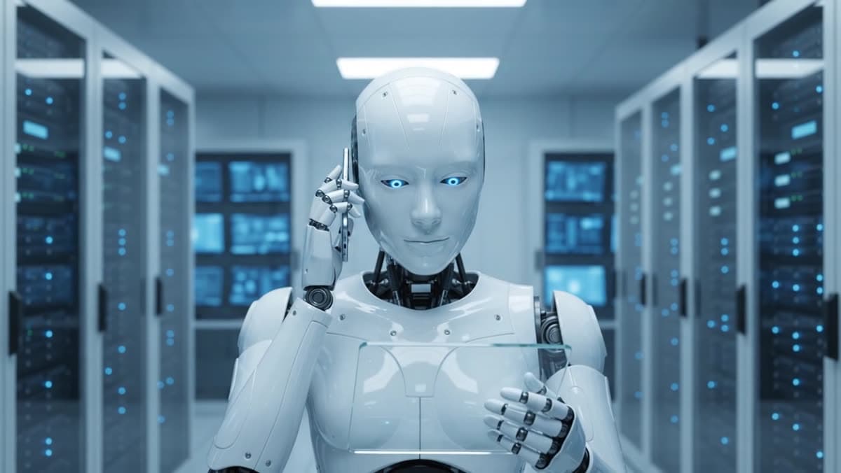 Sunucu koridorunda telefonla konuşan insansı robot, boştaki eli havada.