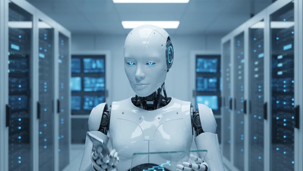 Elindeki cihaza bakan insansı robot, arkasında sunucu ekranları.